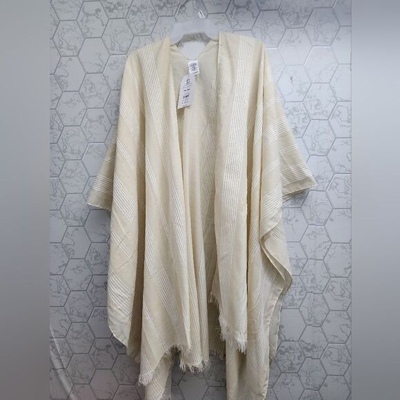 Nwt Women's Layering Kimono Sun Cover Poncho Fringed Stripe Ruana, One Size - Picture 1 of 6